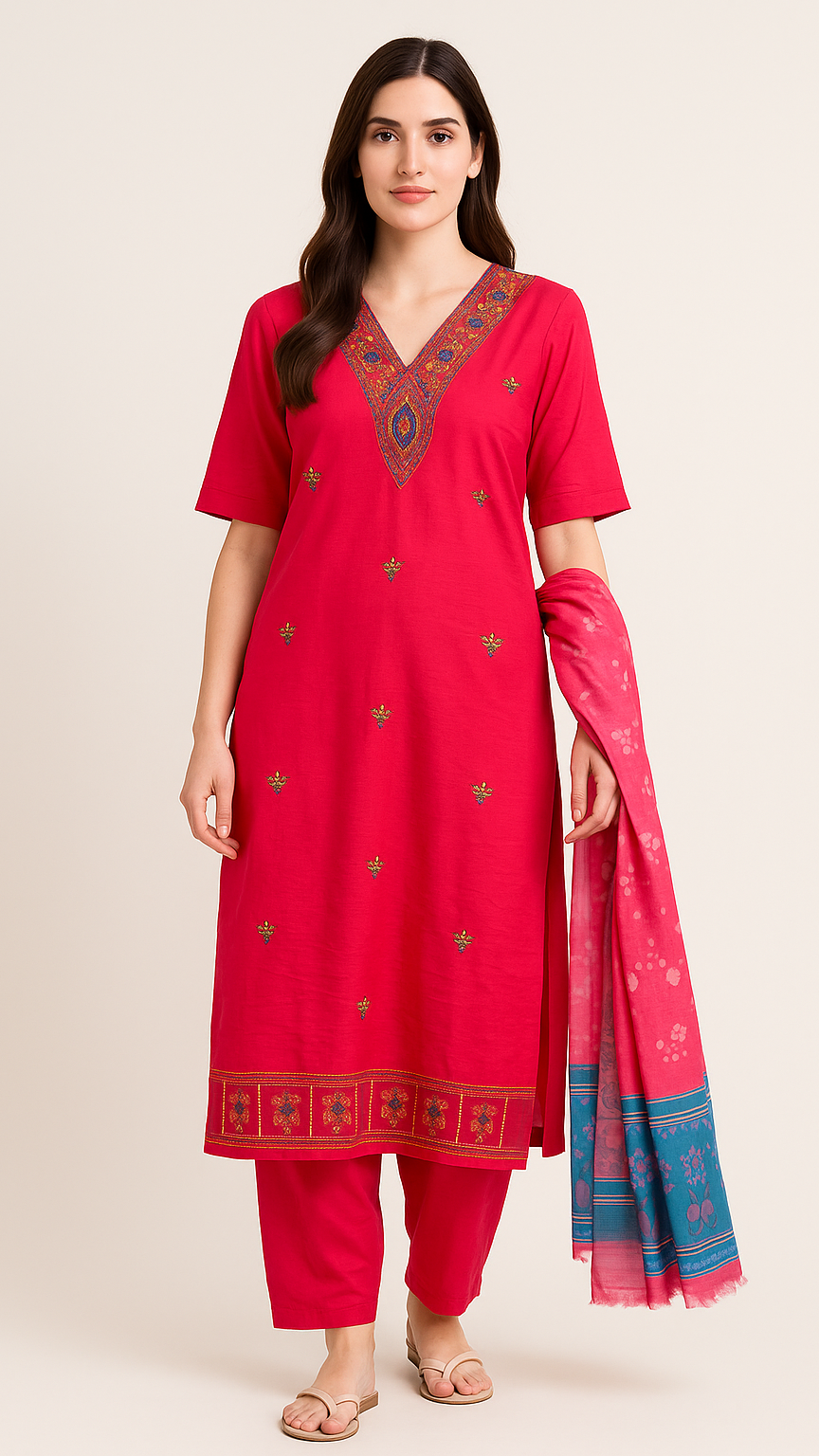 Red Embroidered V-Neck Suit