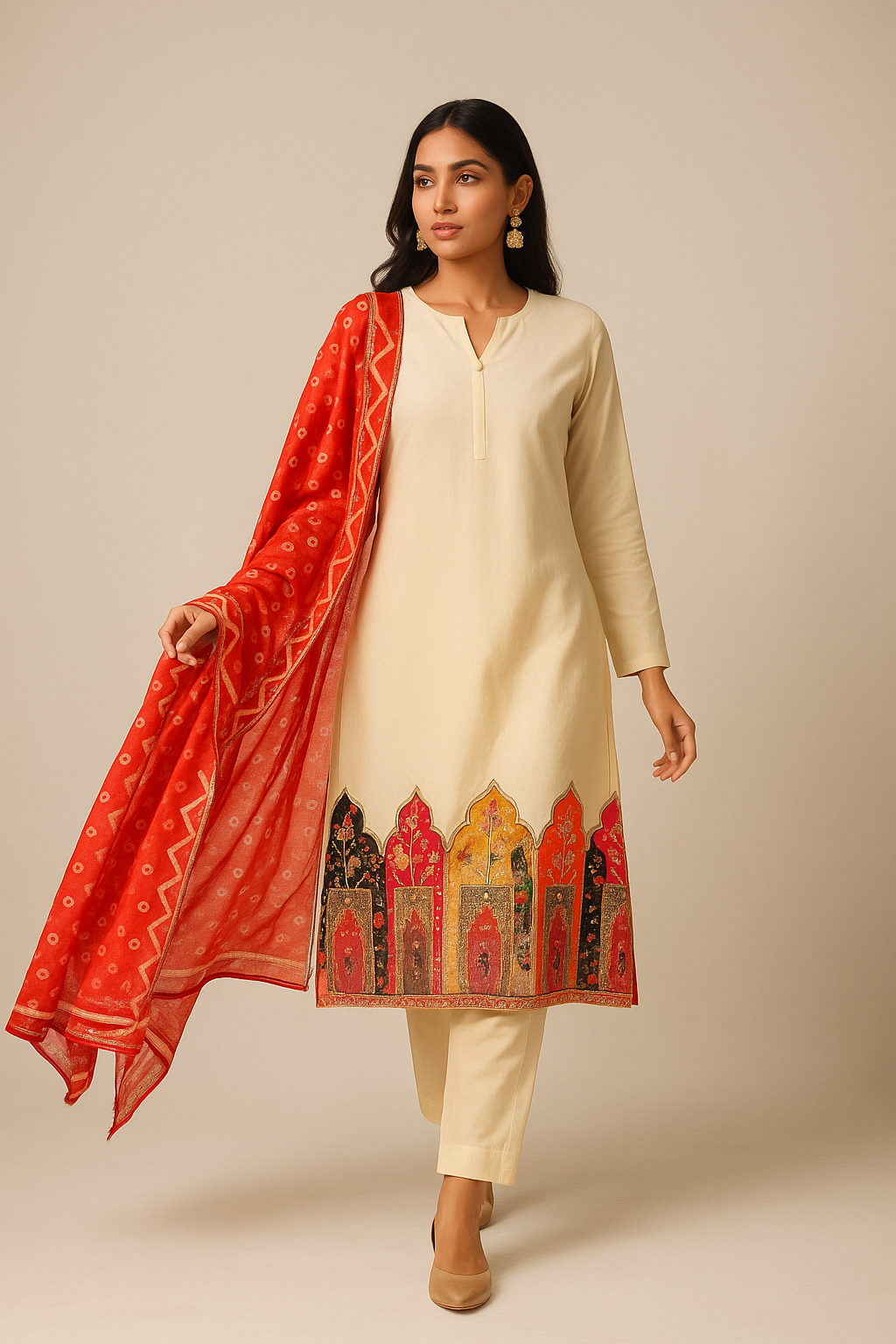Mirror Work Rajasthani Print Suit Set