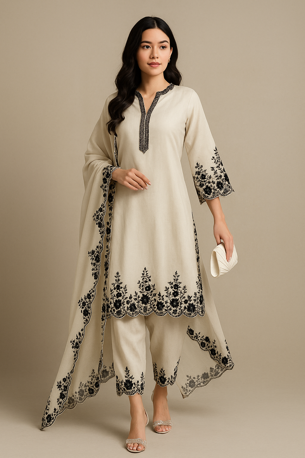 Noor-E-Safed: White Embroidered Georgette Suit Set