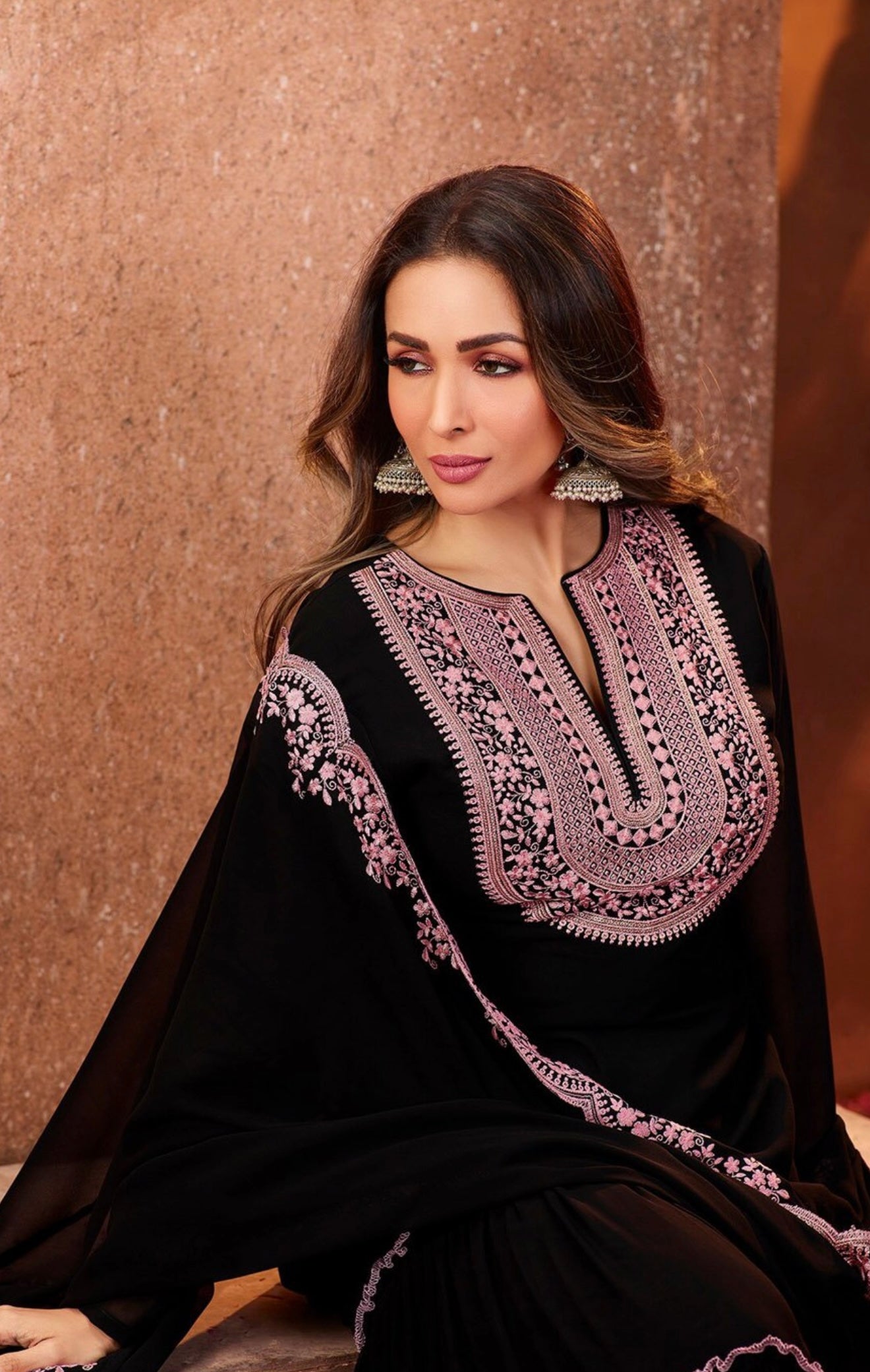 Black Embroidered Sharara Suit with Pink Detailing