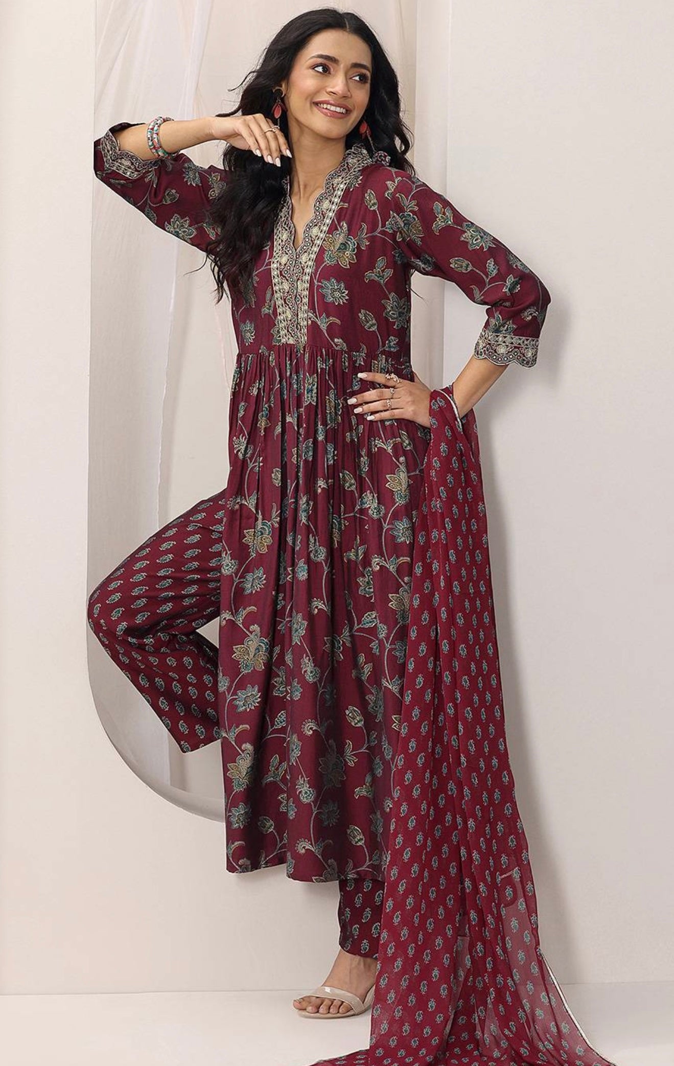 Mahru Maroon Block Print Kurta Set