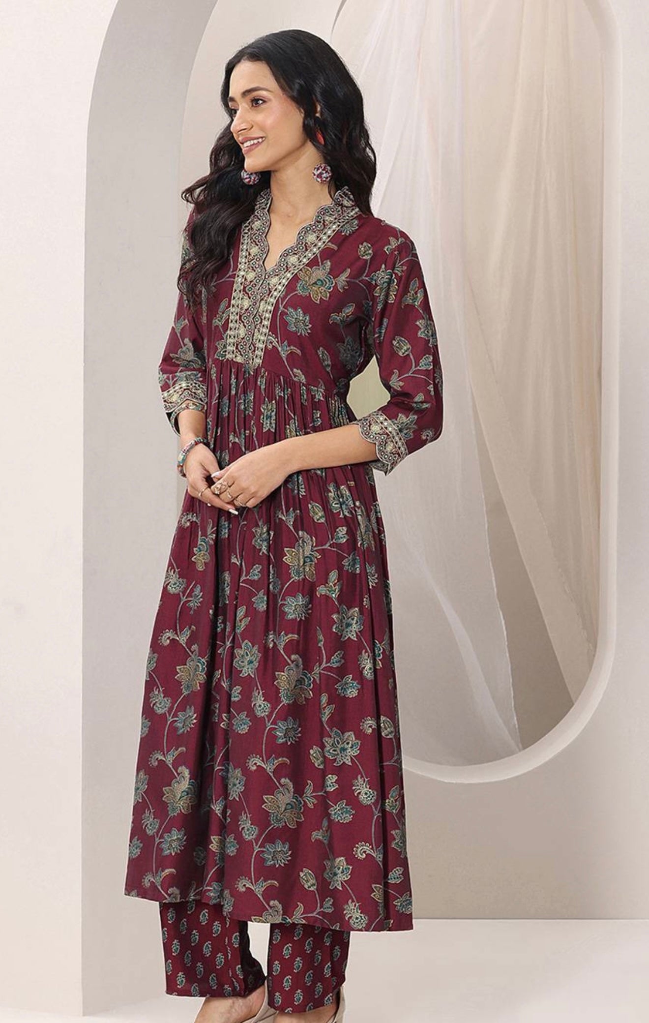 Mahru Maroon Block Print Kurta Set
