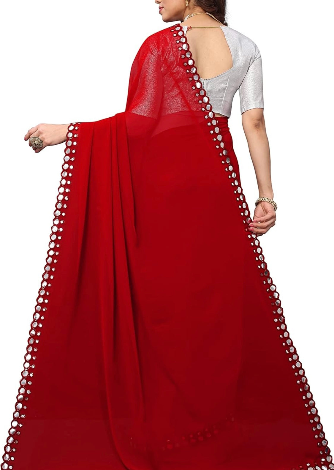 Red Georgette Mirror Work Saree