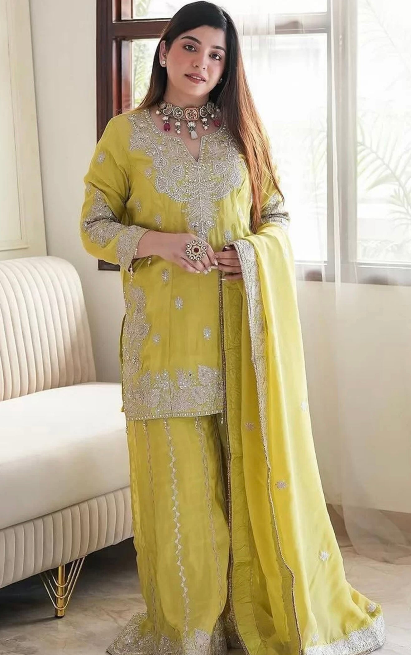 Lime Yellow Embroidered Sharara Suit
