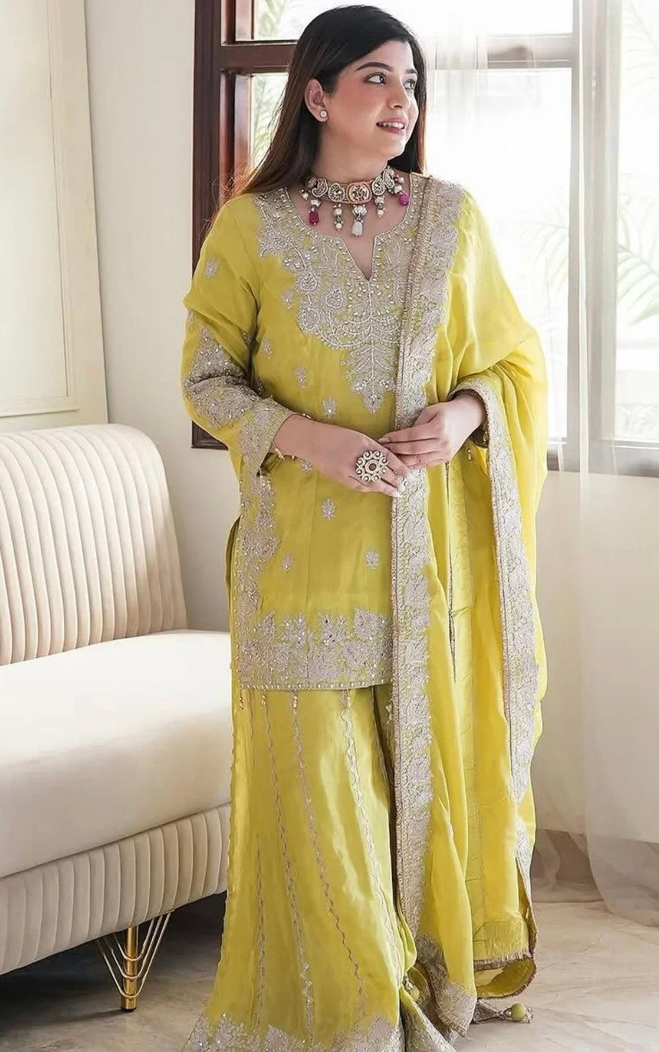 Lime Yellow Embroidered Sharara Suit