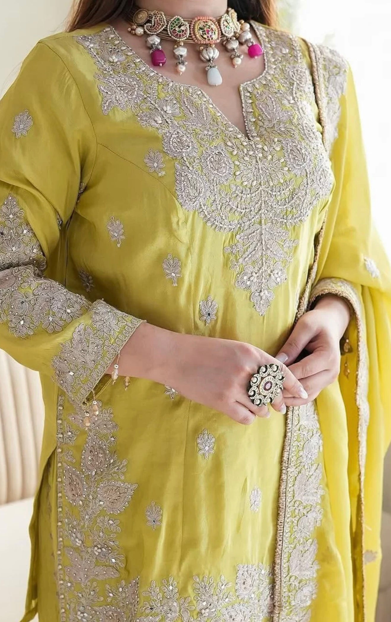 Lime Yellow Embroidered Sharara Suit