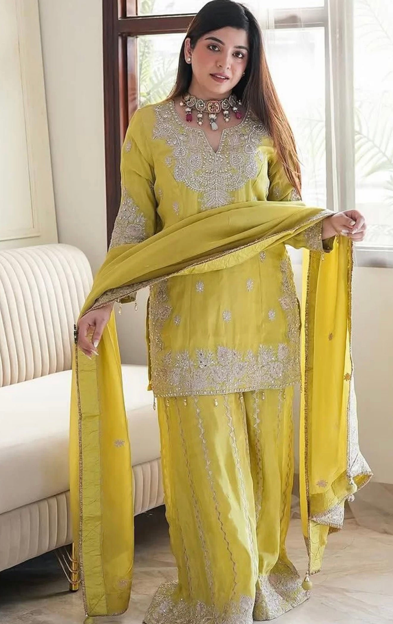 Lime Yellow Embroidered Sharara Suit