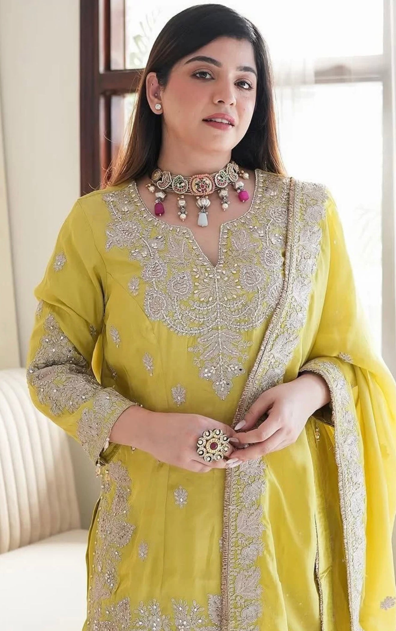 Lime Yellow Embroidered Sharara Suit