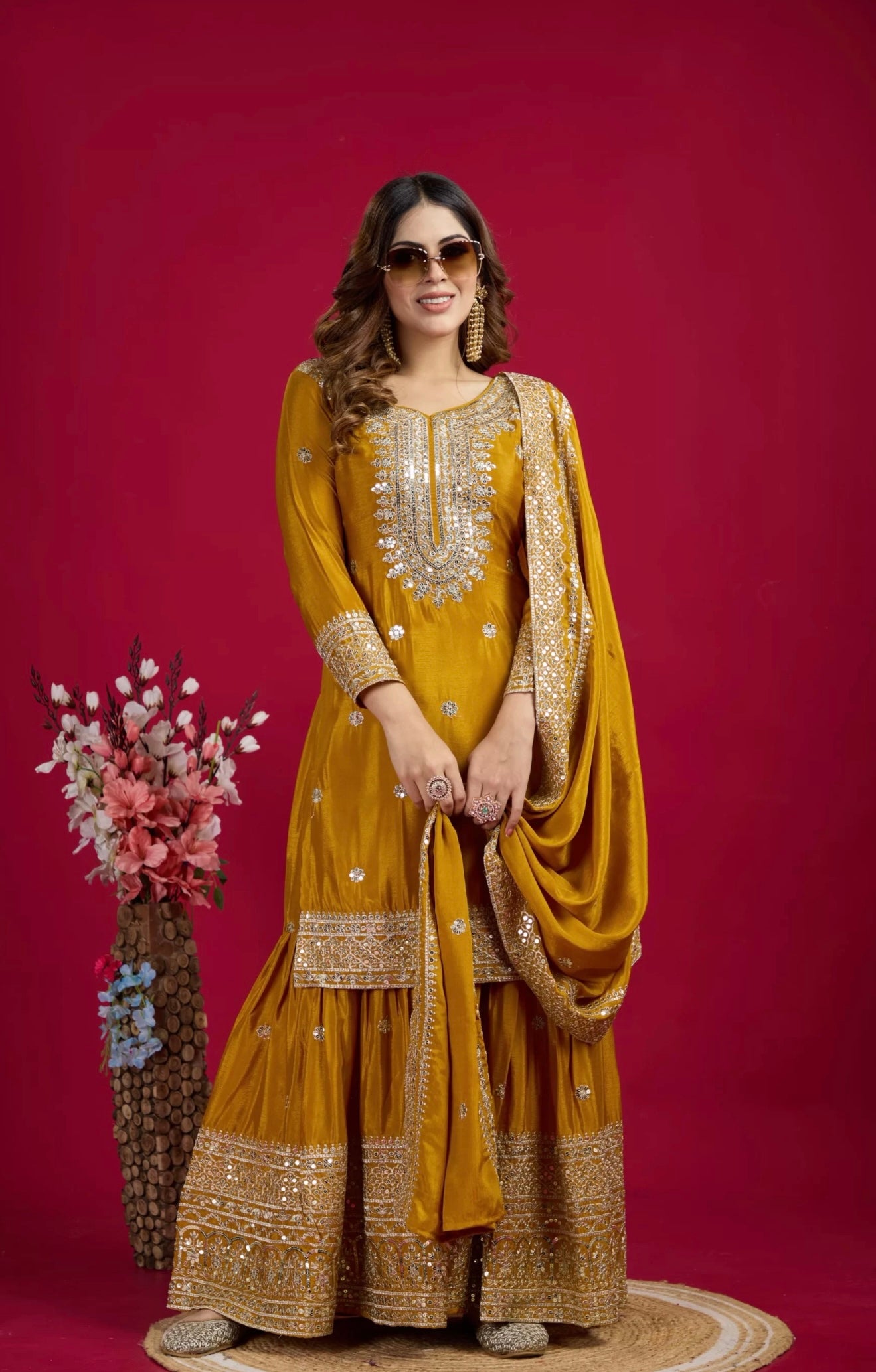 Mustard Golden Embroidered Sharara Suit
