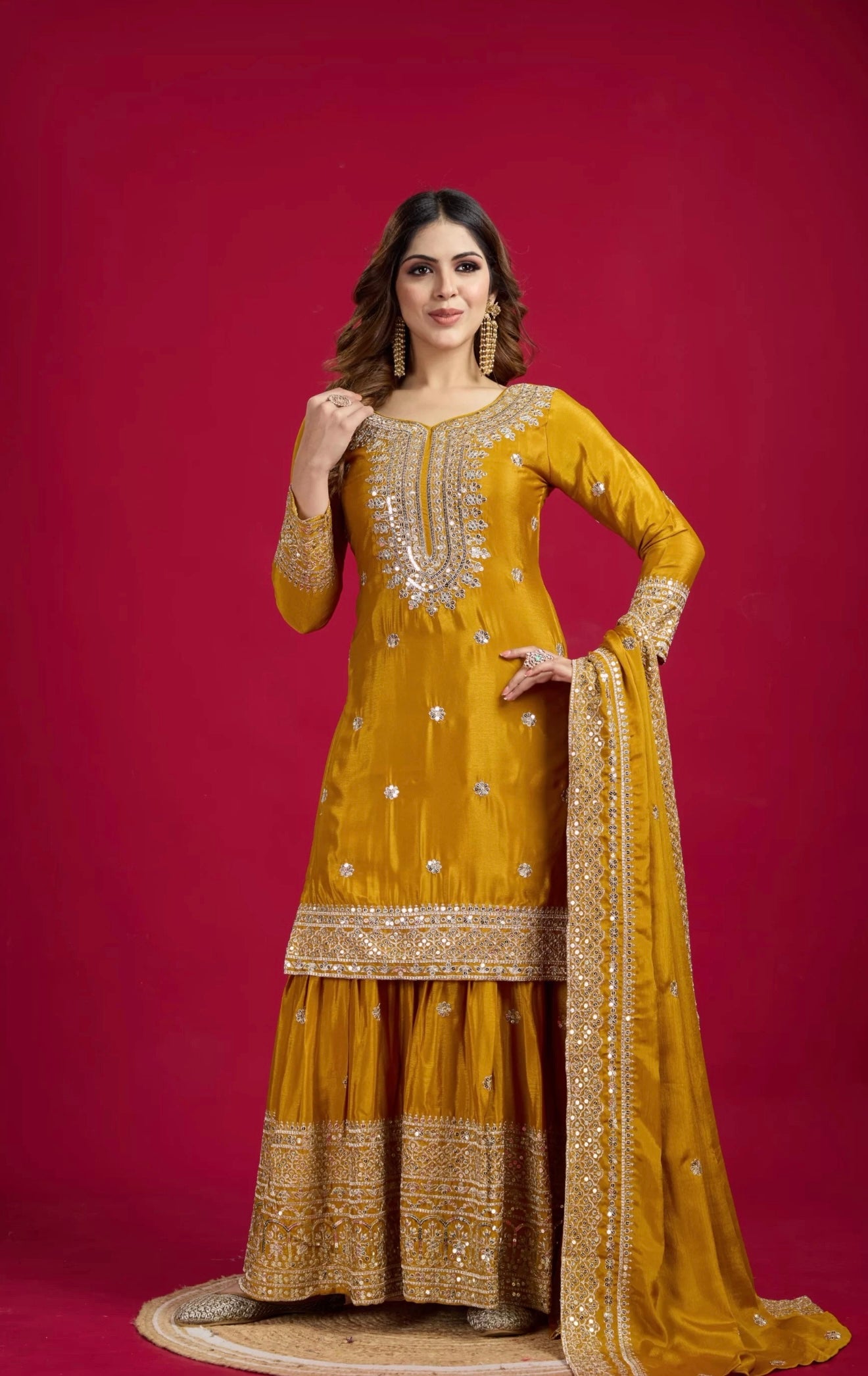 Mustard Golden Embroidered Sharara Suit