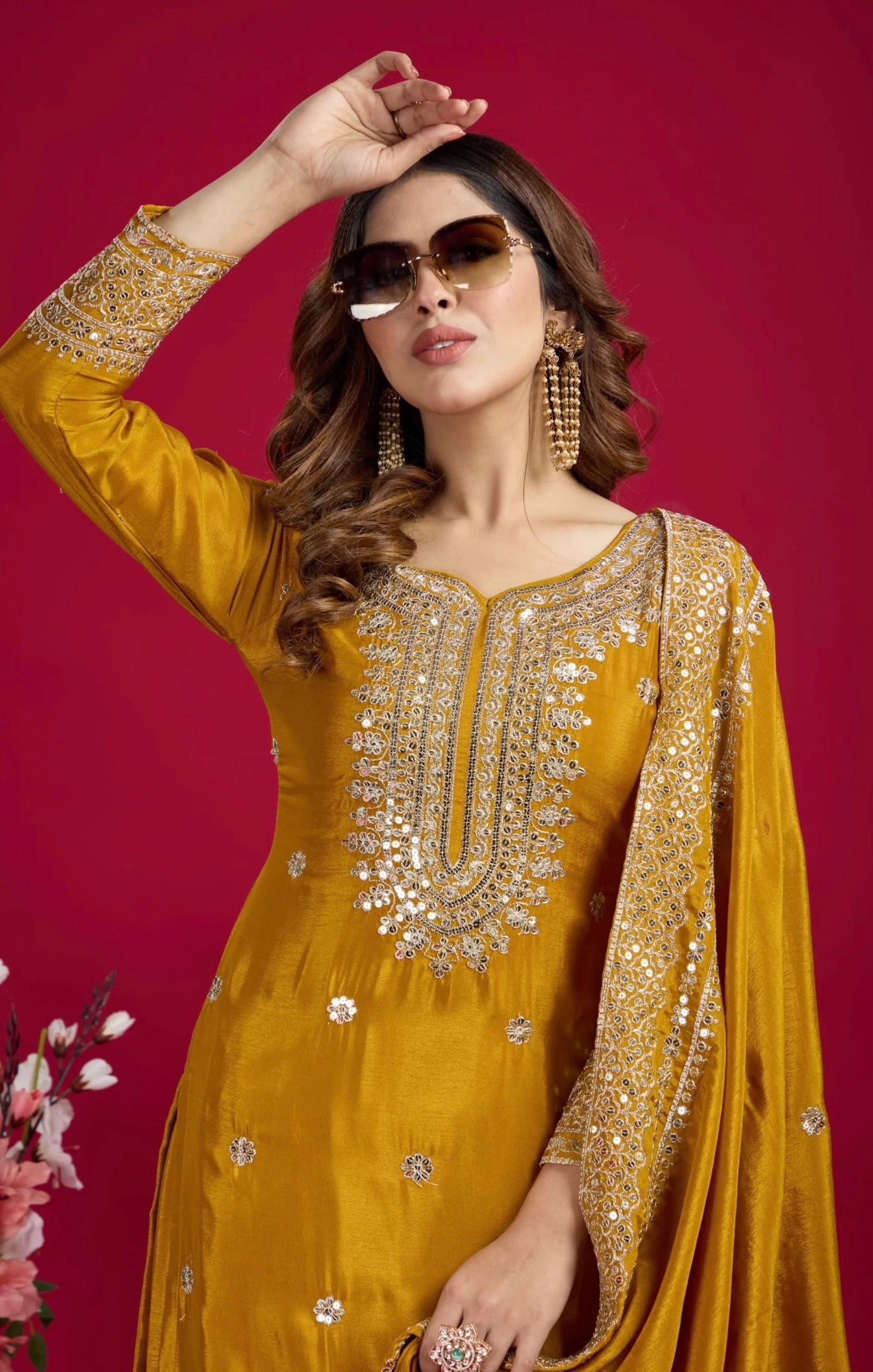 Mustard Golden Embroidered Sharara Suit