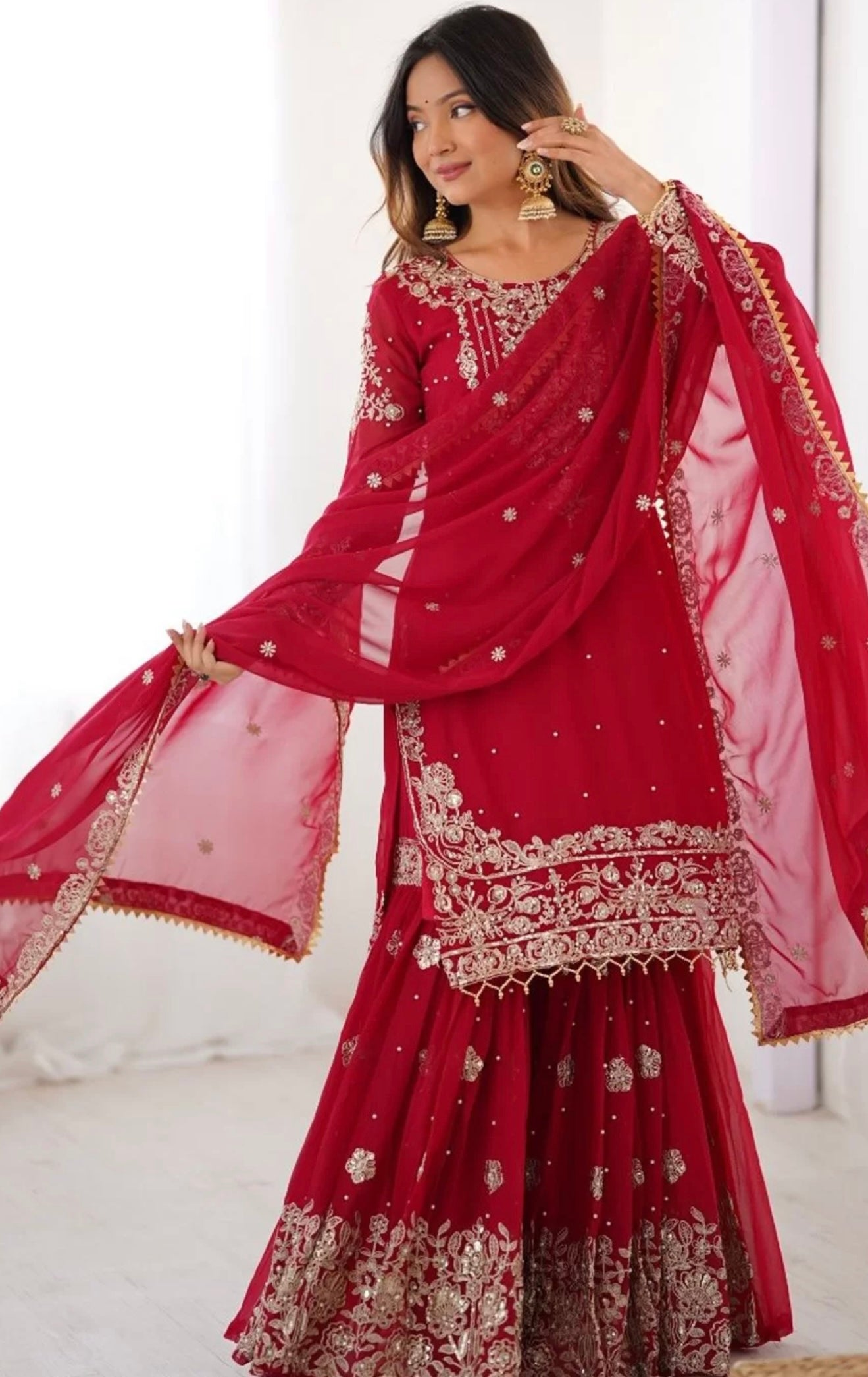 Deep Red Embroidered Sharara Suit