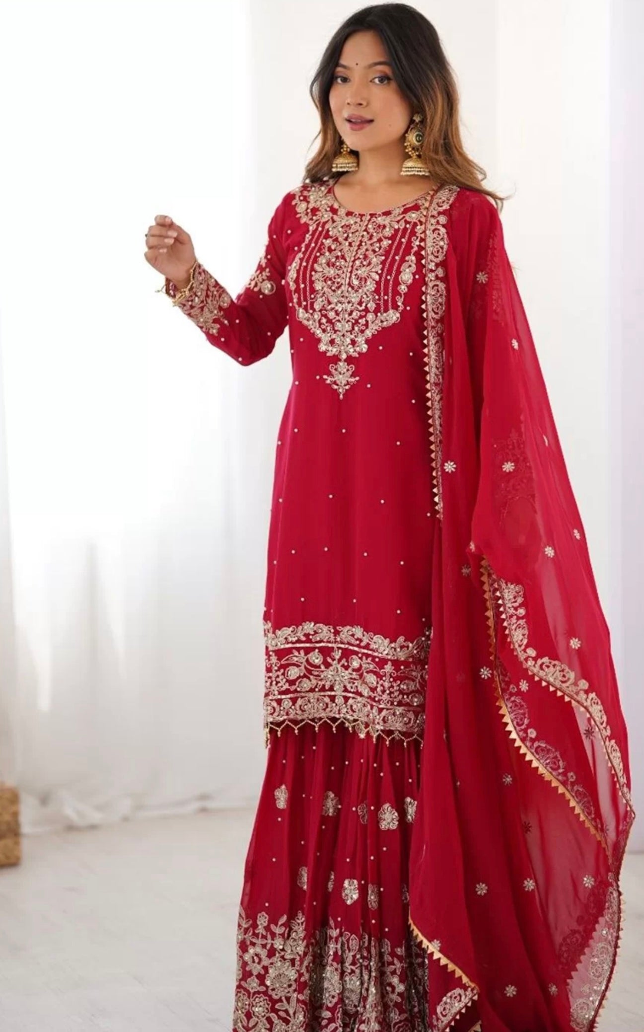 Deep Red Embroidered Sharara Suit
