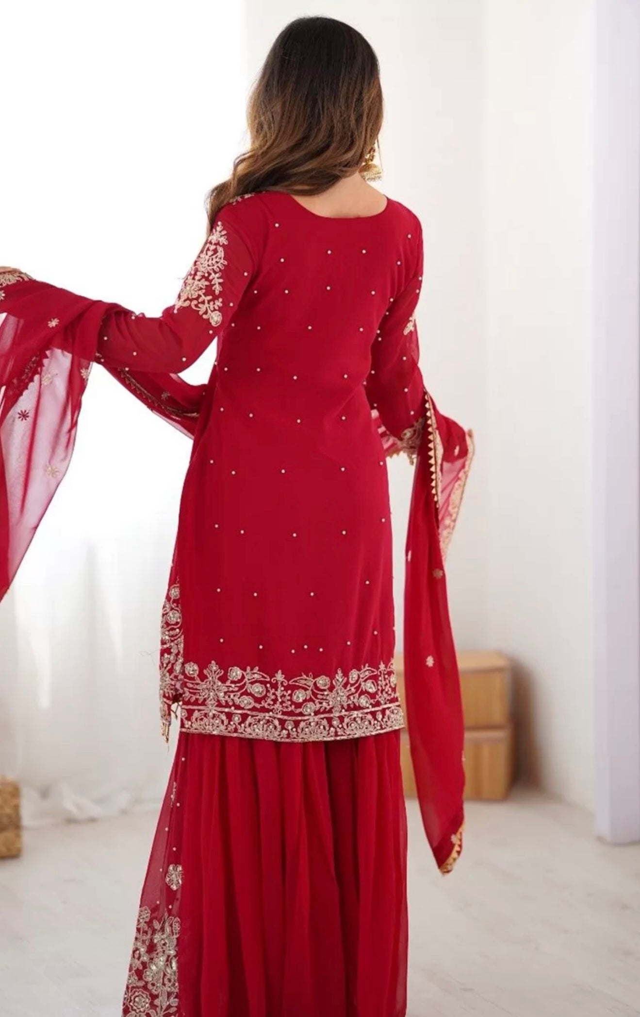 Deep Red Embroidered Sharara Suit