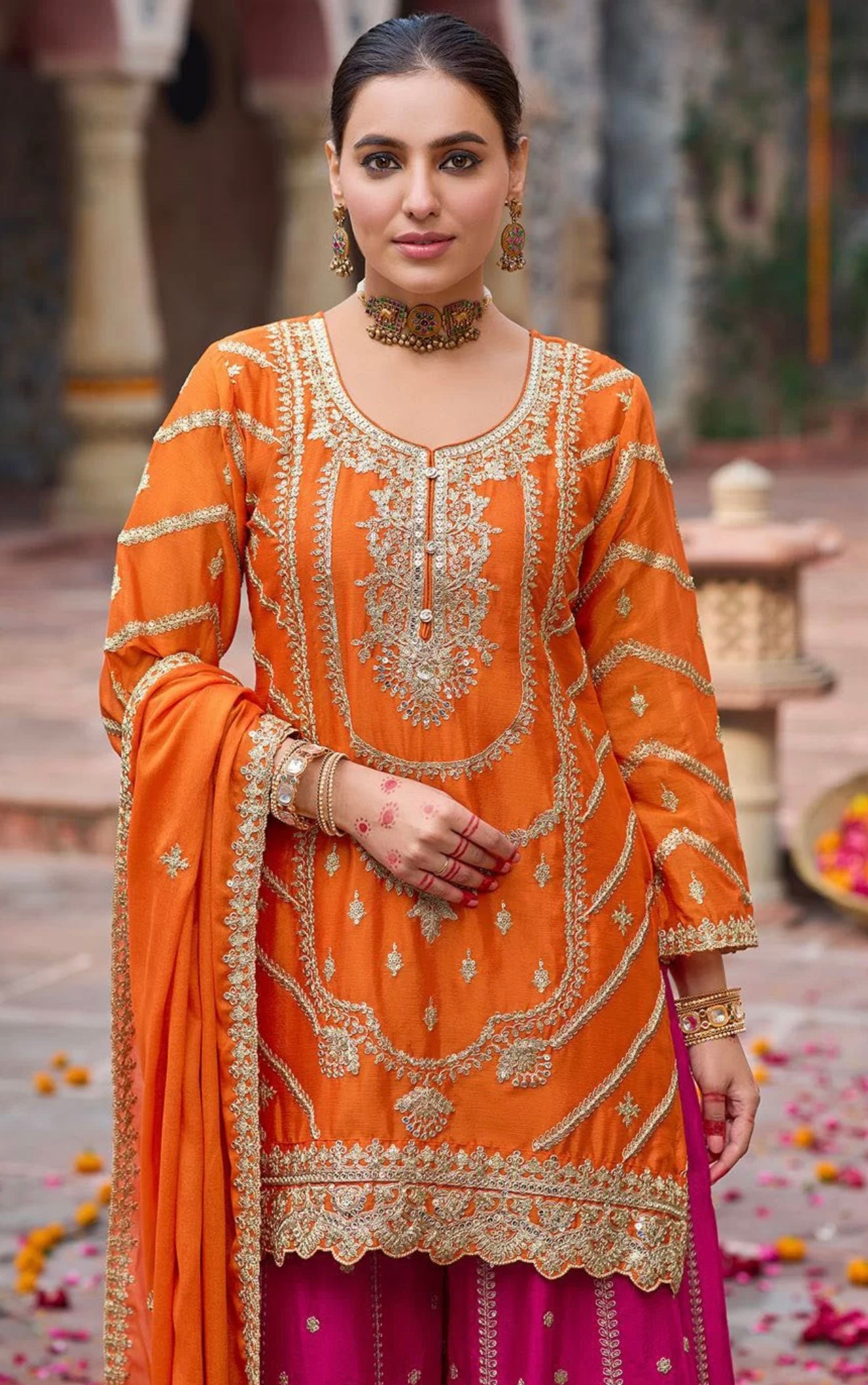 Orange & Pink Embroidered Sharara Suit