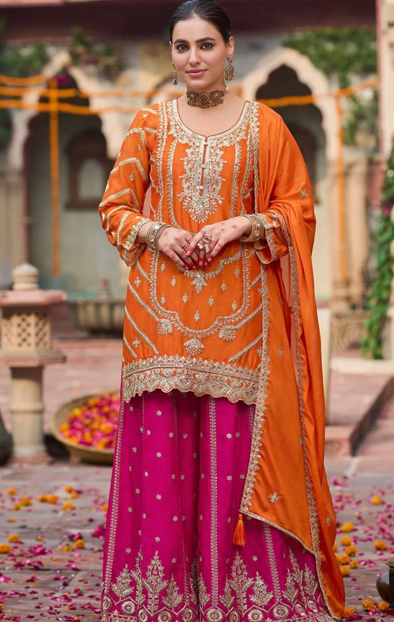 Orange & Pink Embroidered Sharara Suit