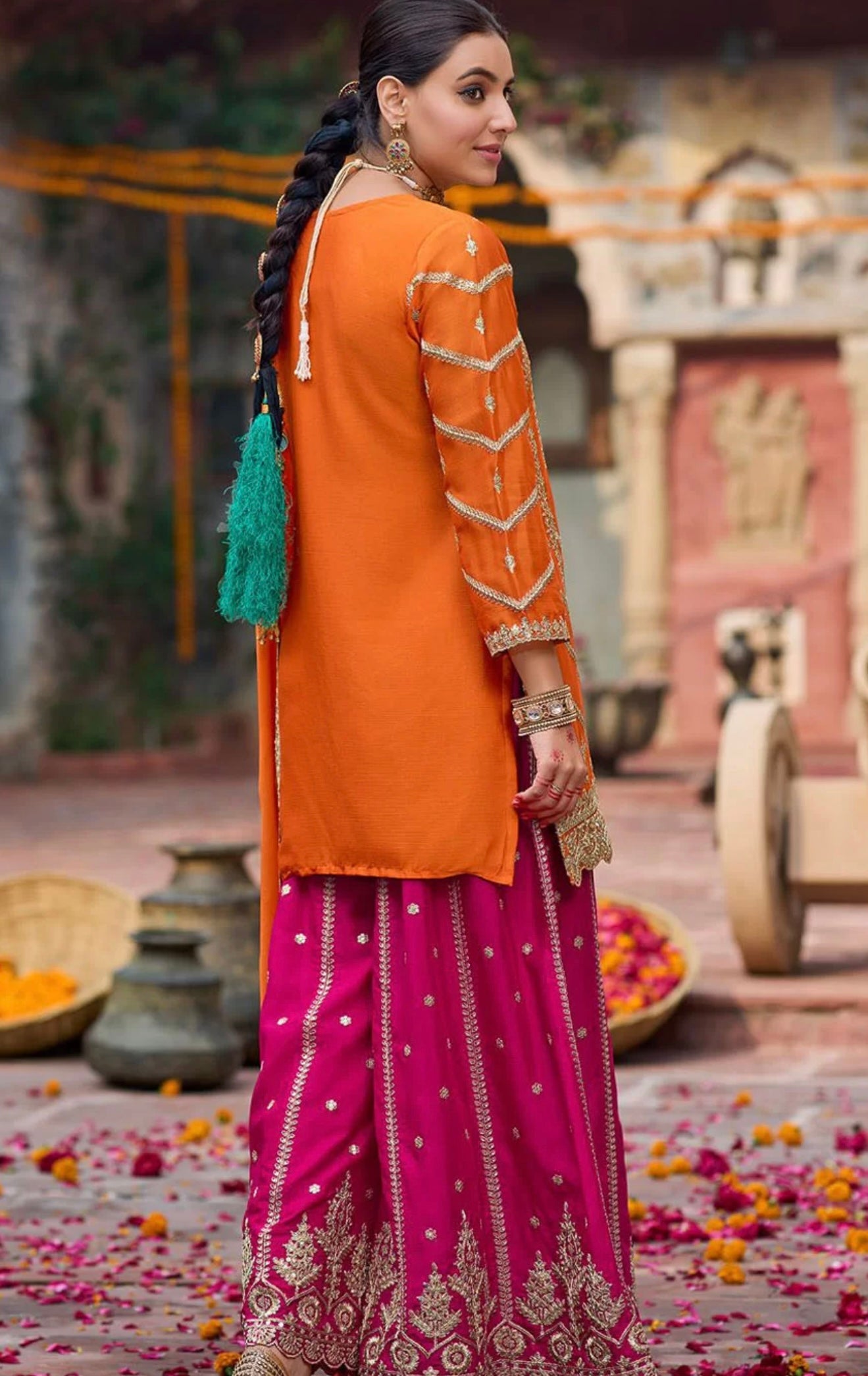 Orange & Pink Embroidered Sharara Suit