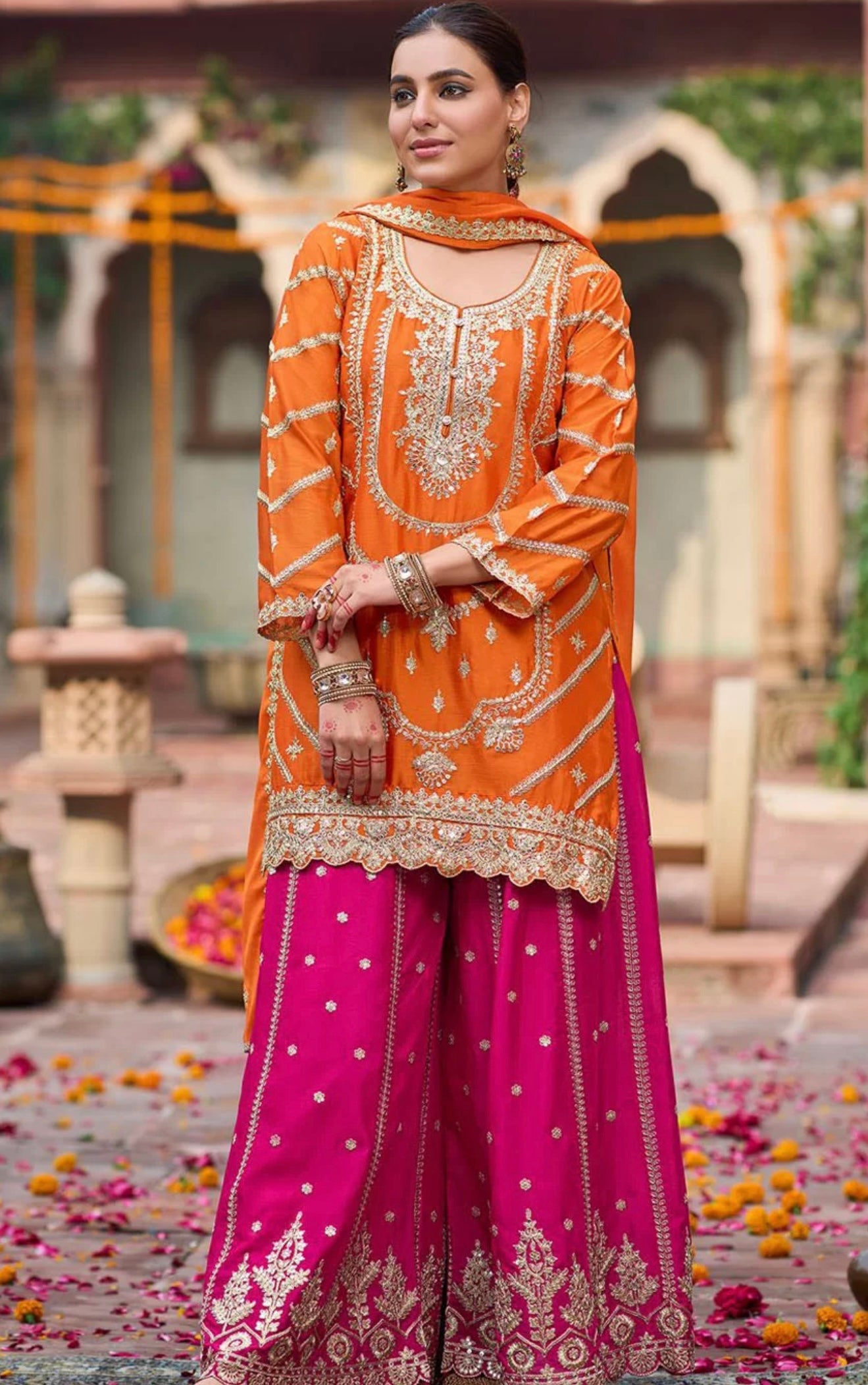 Orange & Pink Embroidered Sharara Suit