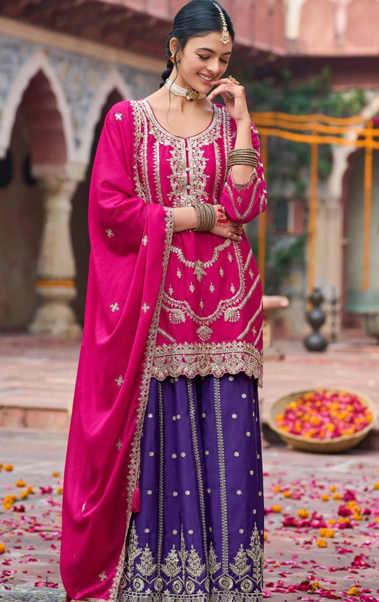 Pink & Purple Embroidered Sharara Suit