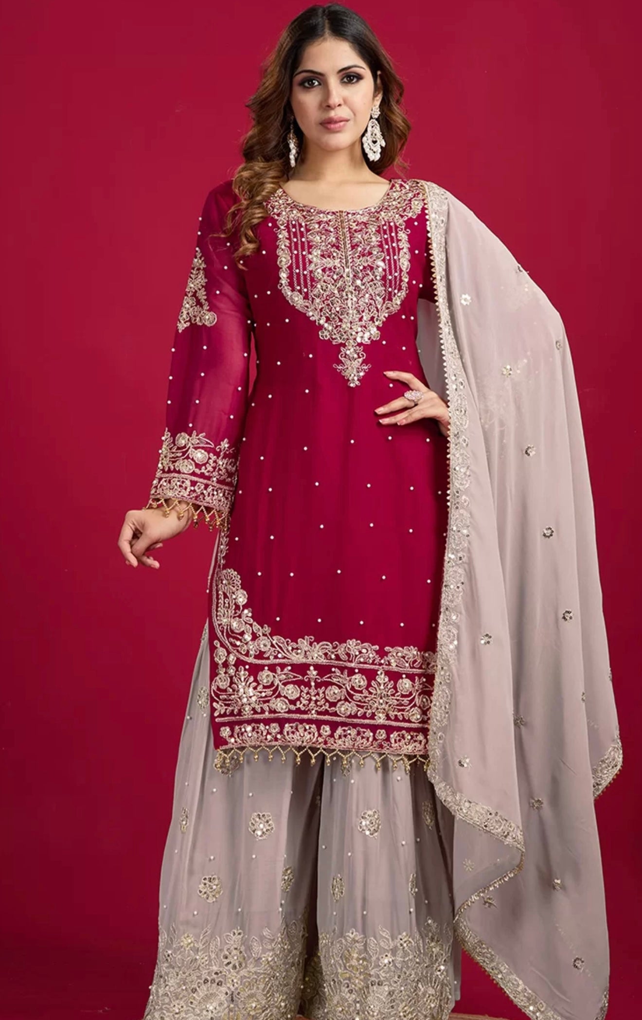 Maroon & Beige Embroidered Sharara Suit