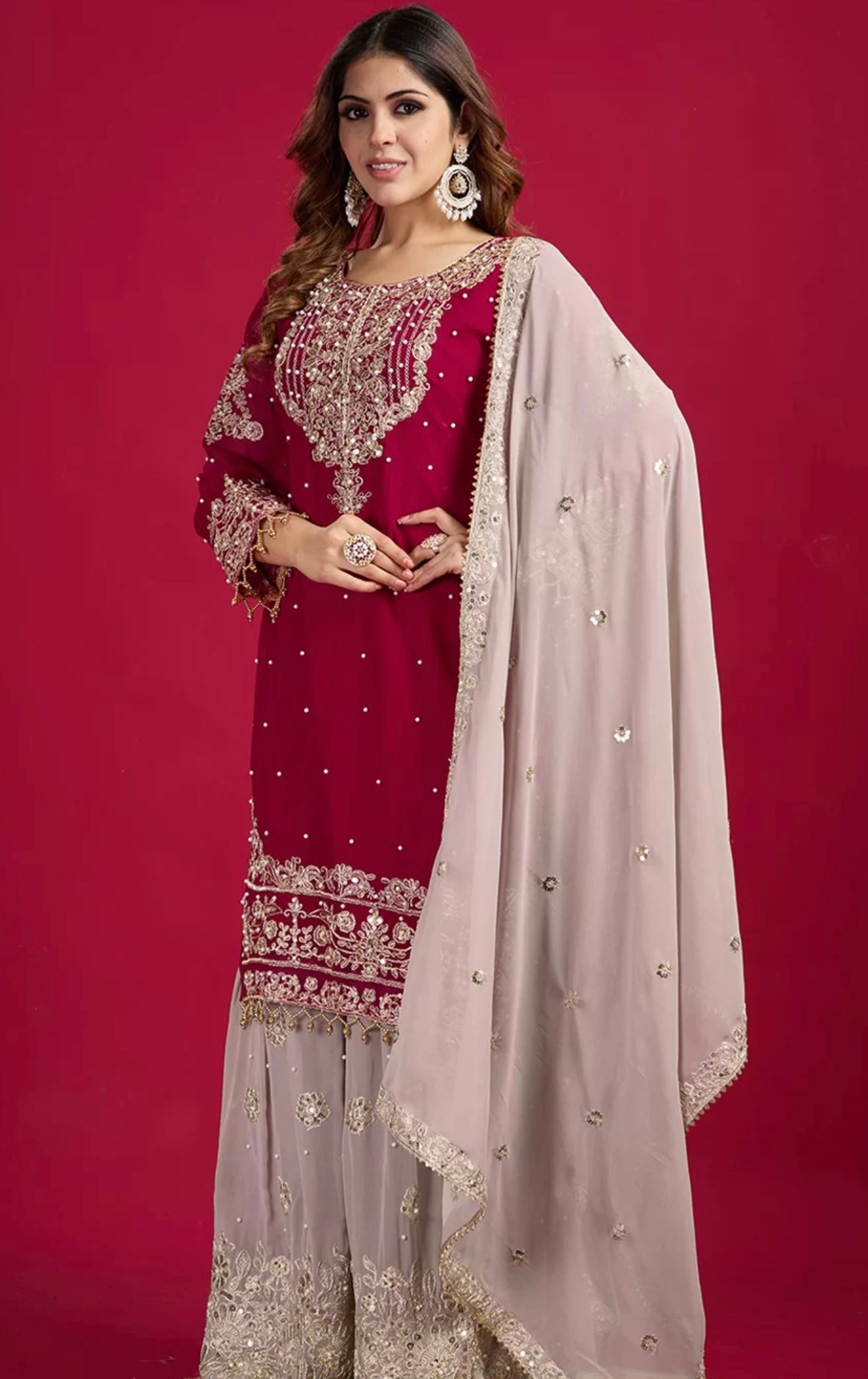 Maroon & Beige Embroidered Sharara Suit