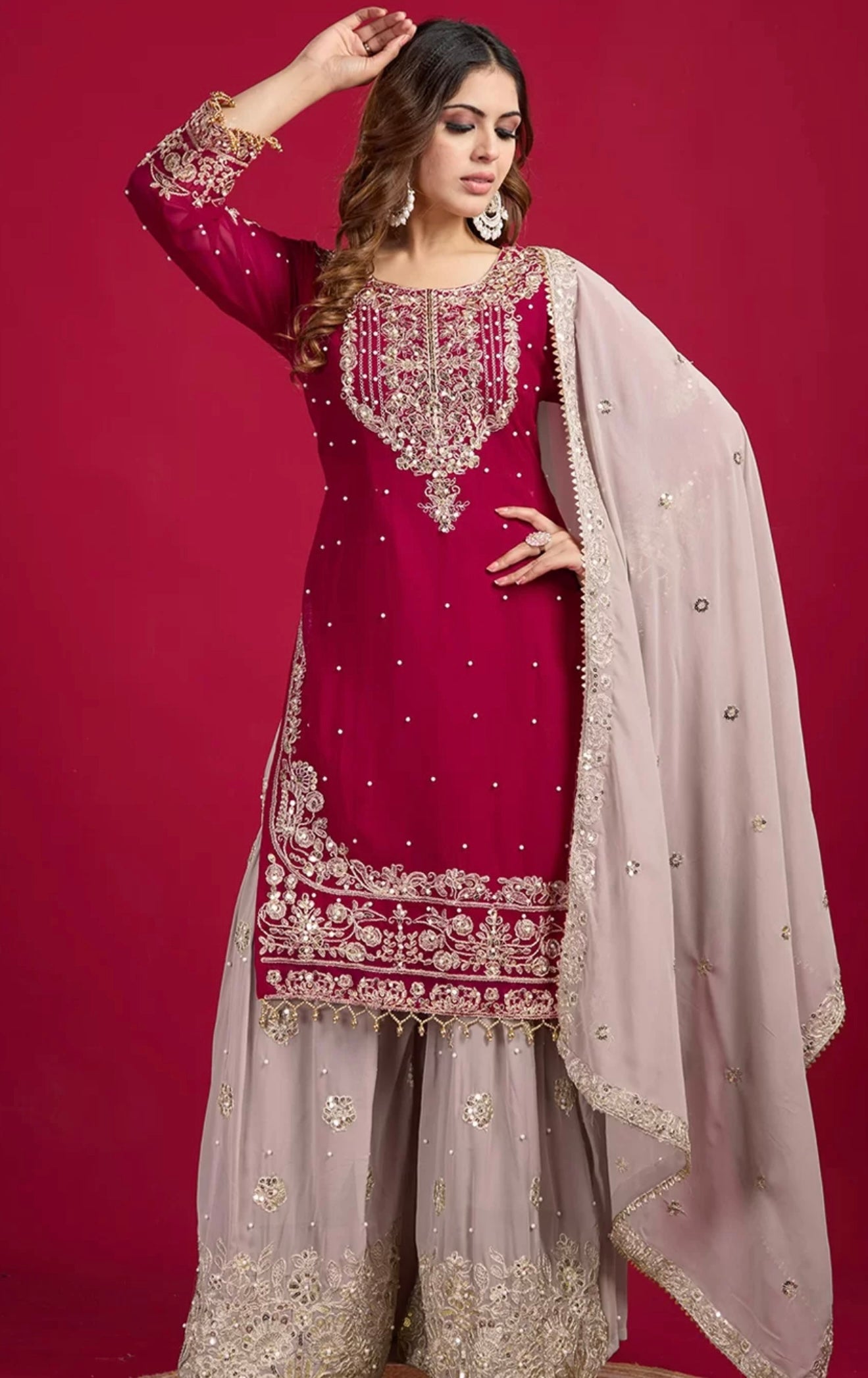 Maroon & Beige Embroidered Sharara Suit