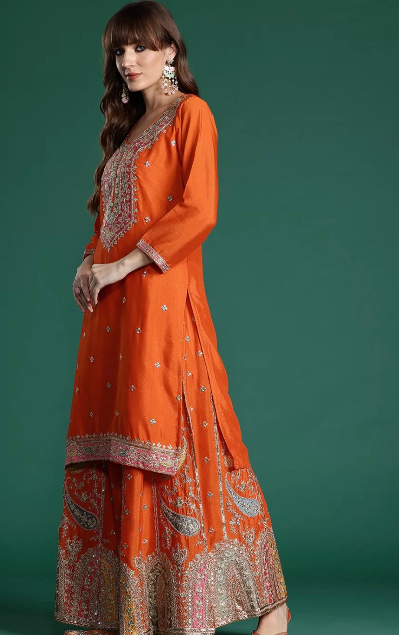 Orange Embroidered Sharara Suit