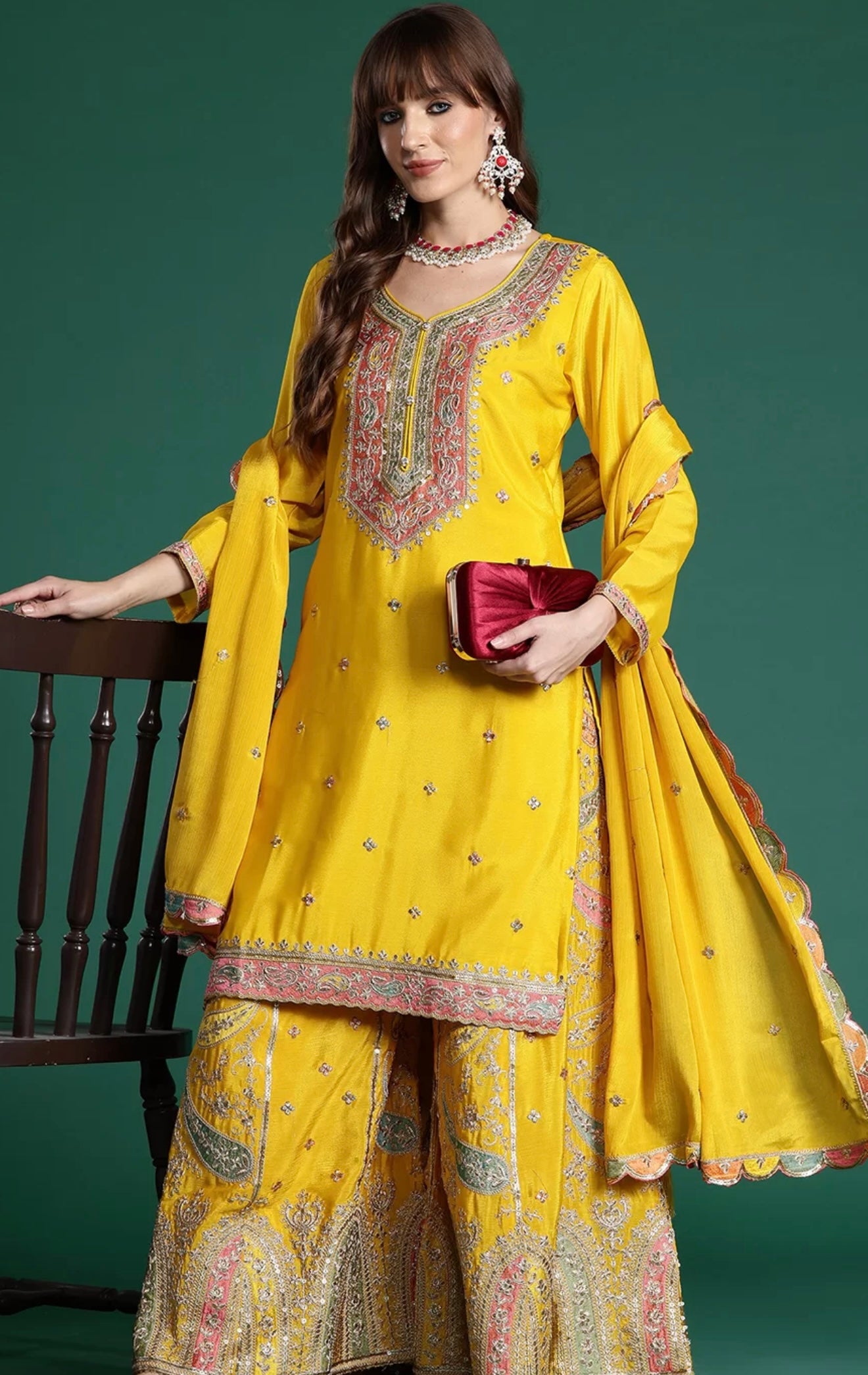 Mustard Yellow Embroidered Sharara Suit