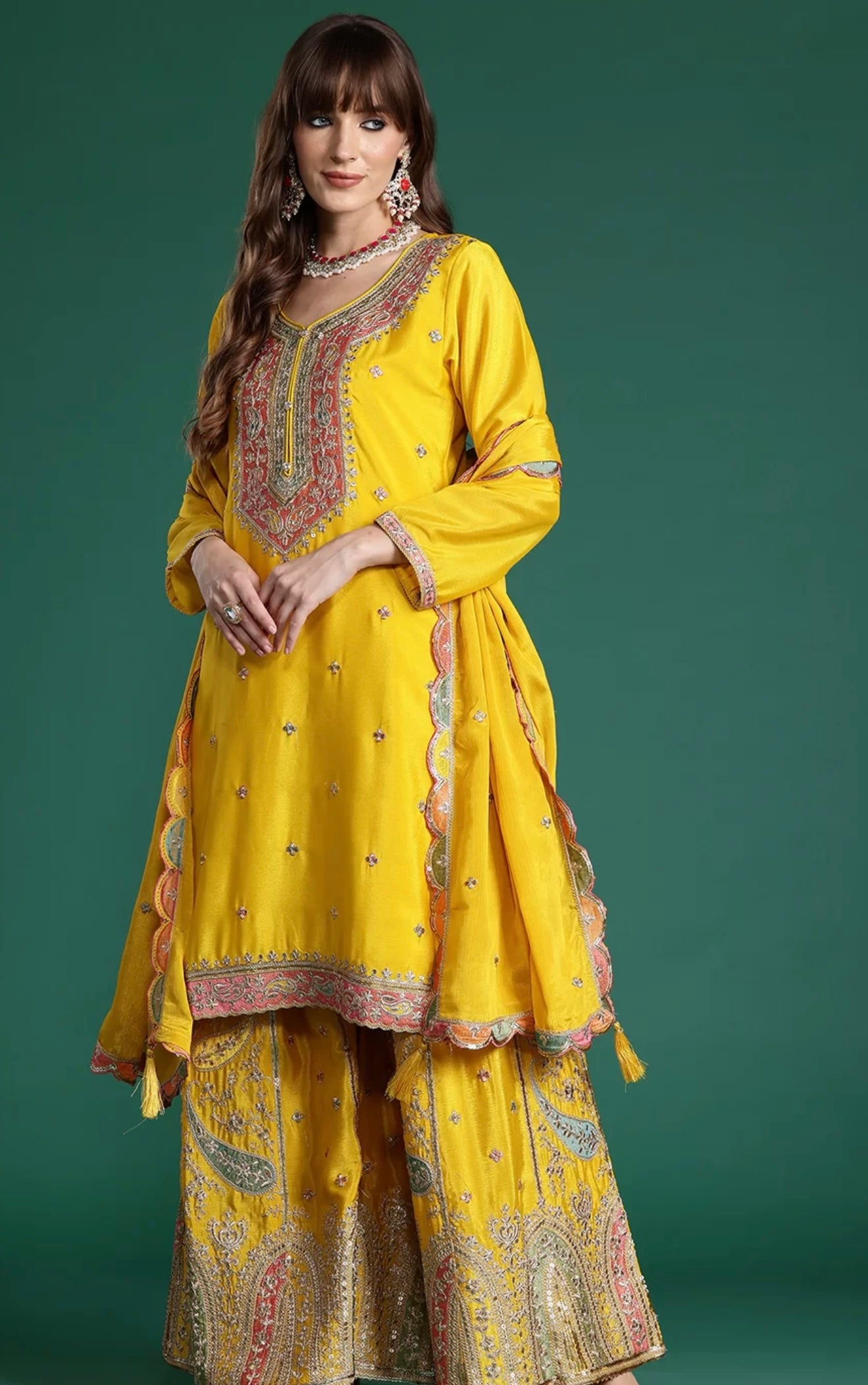 Mustard Yellow Embroidered Sharara Suit