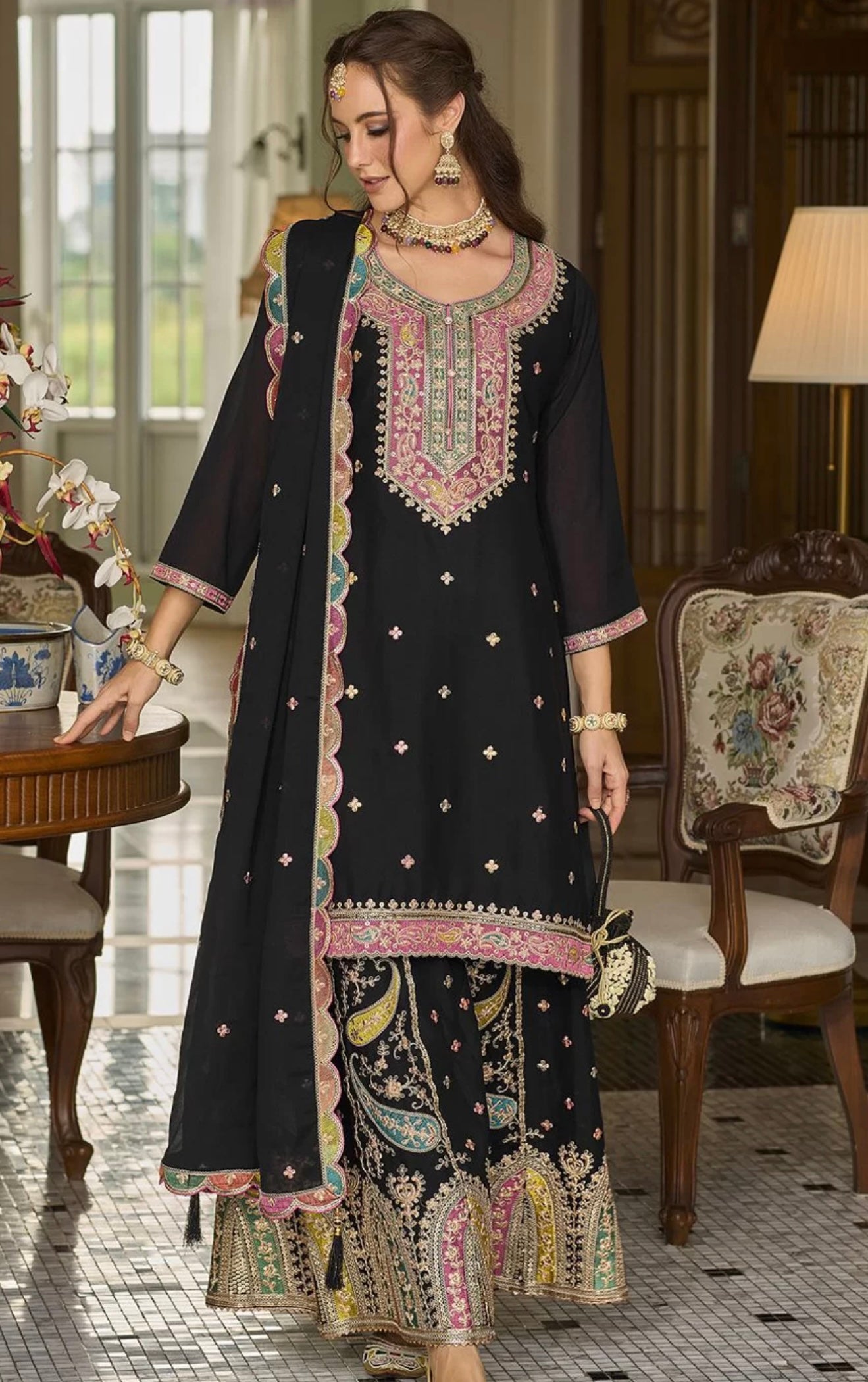 Black Embroidered Sharara Suit