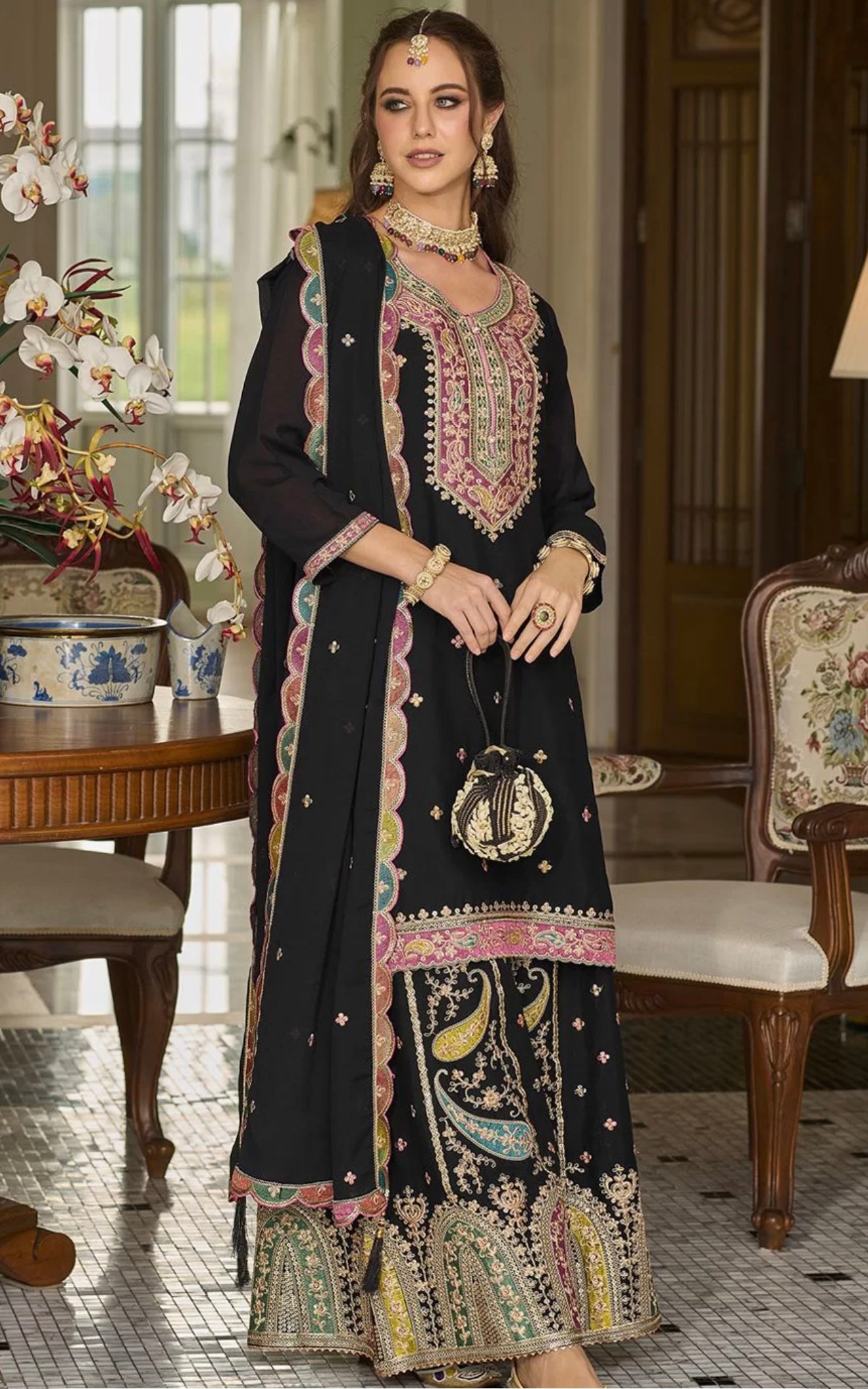 Black Embroidered Sharara Suit