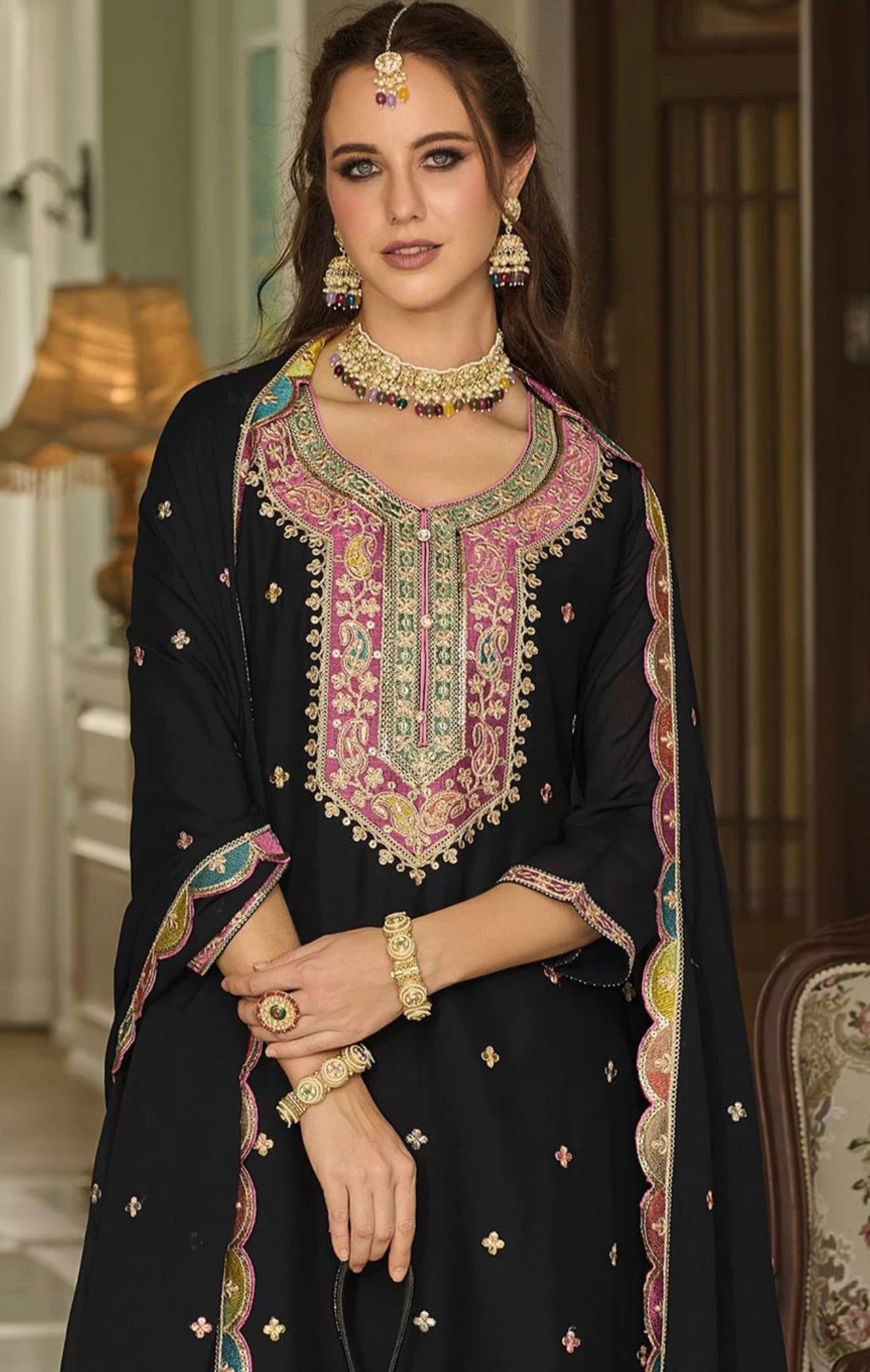 Black Embroidered Sharara Suit