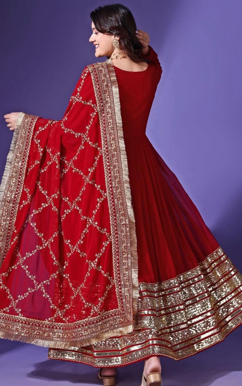 Elegant Maroon Anarkali Suit with Golden Embellishments