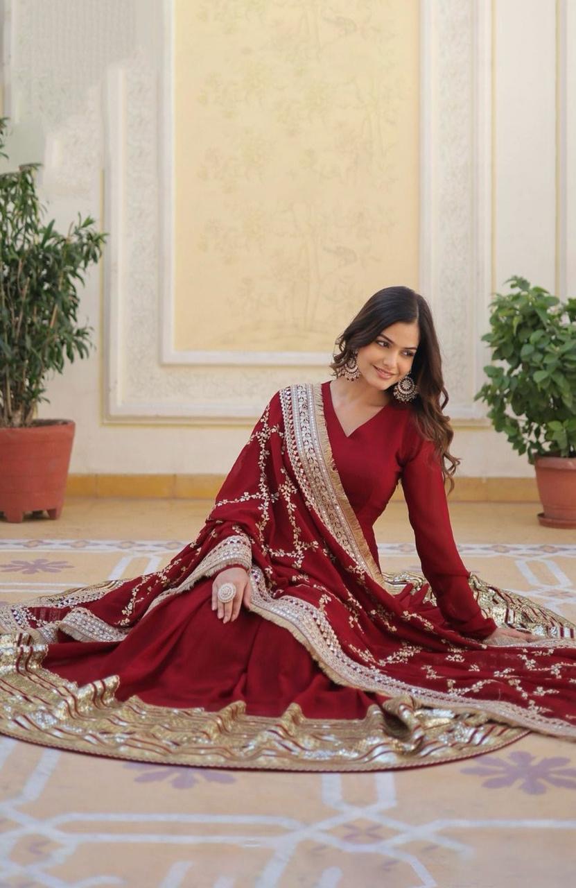 Elegant Maroon Anarkali Suit with Golden Embellishments