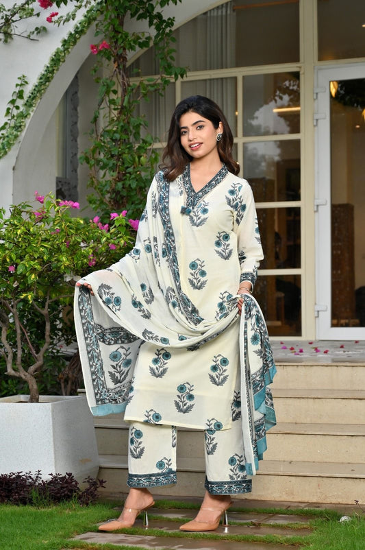 Noor-E-Ivory Handblock Kurta Set