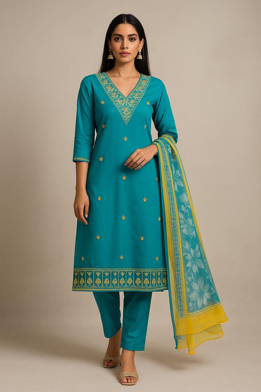 Blue V-Neck Kurta Set