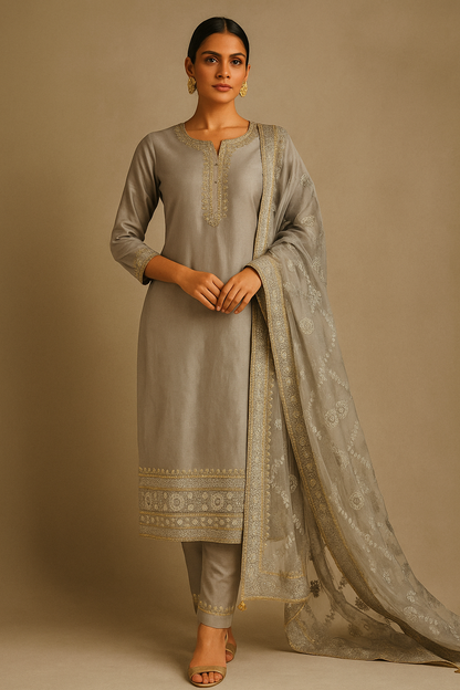 Pastel Charm Grey Embroidered Suit