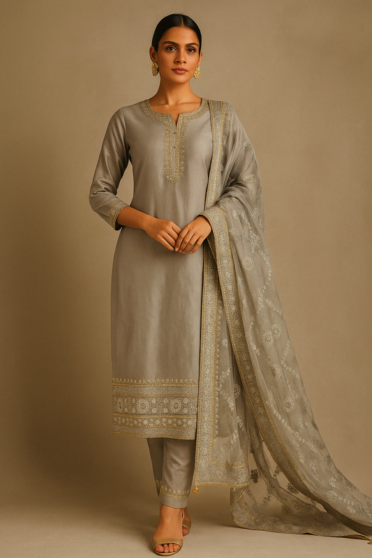 Pastel Charm Grey Embroidered Suit