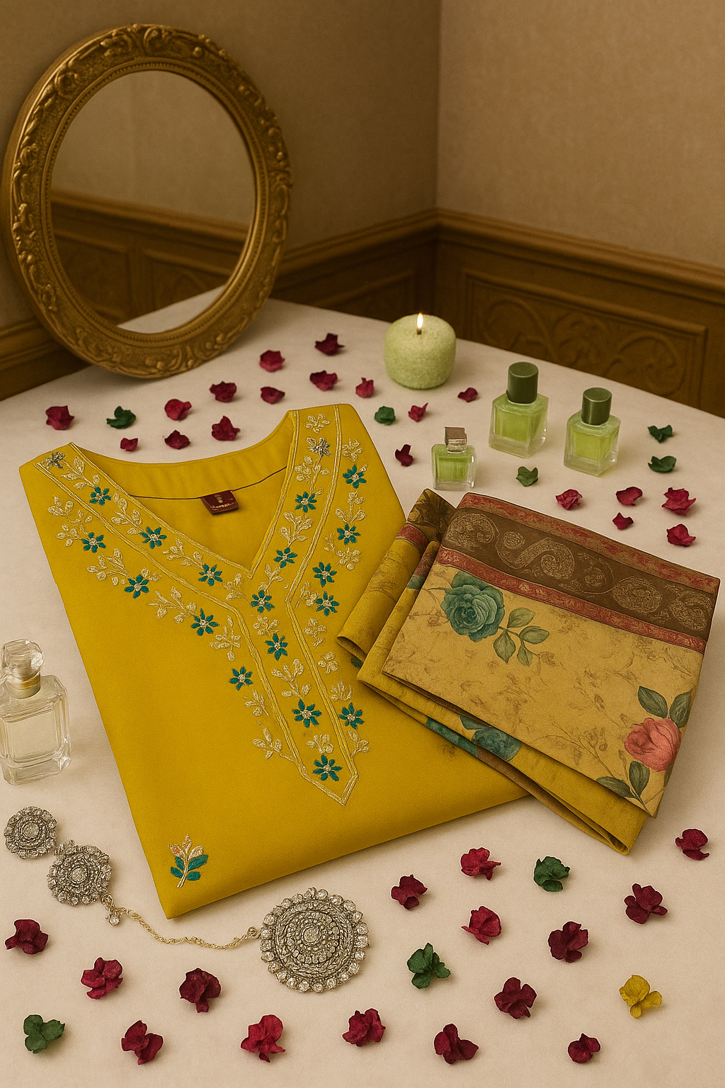 Mustard Yellow and Blue Embroidered Kurta Set