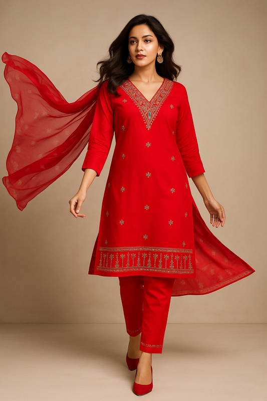 Red Embroidered V-Neck Suit