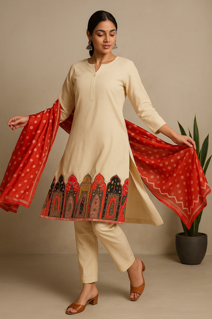 Mirror Work Rajasthani Print Suit Set