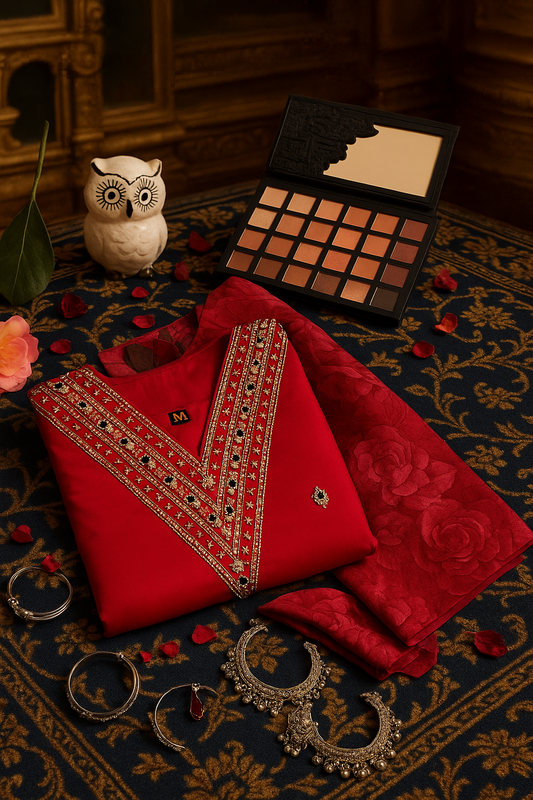 Red Embroidered V-Neck Suit