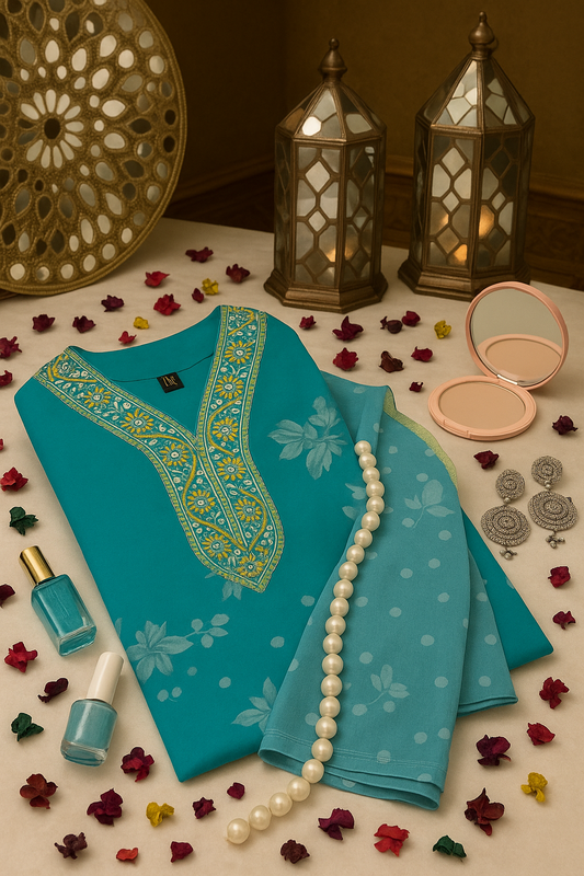 Blue V-Neck Kurta Set