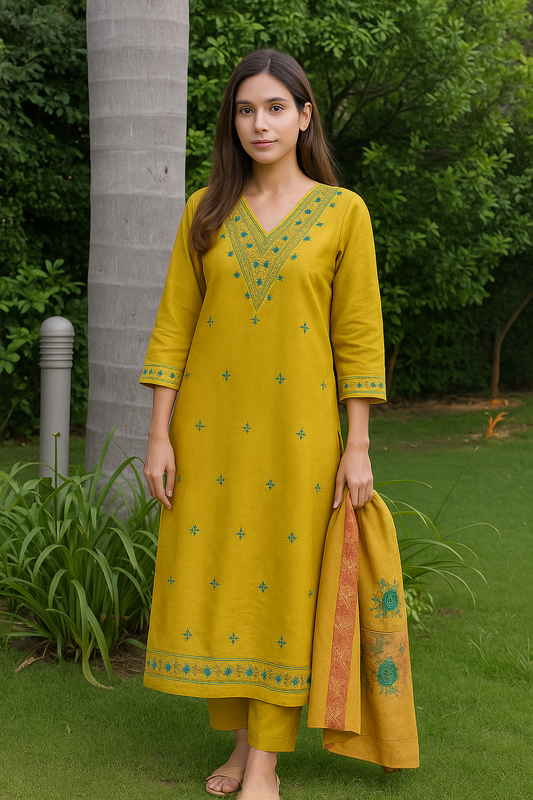 Mustard Yellow and Blue Embroidered Kurta Set