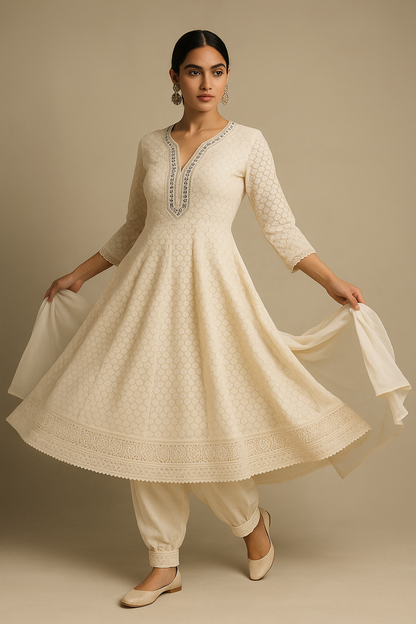Nazakat in White: Handworked Anarkali