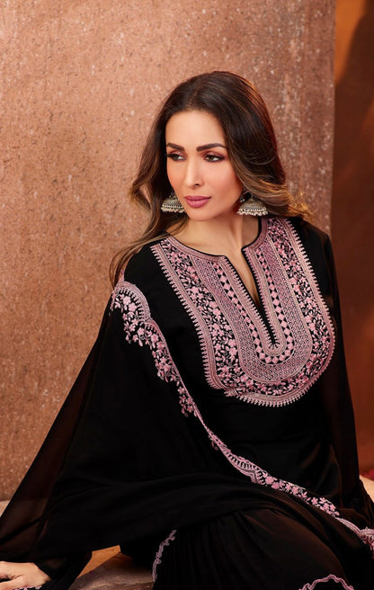 Black Embroidered Sharara Suit with Pink Detailing