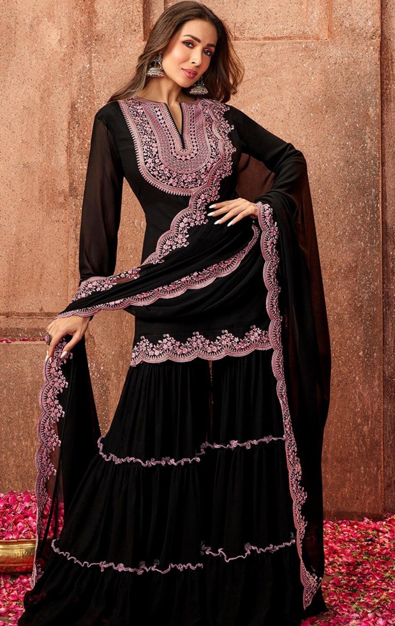Black Embroidered Sharara Suit with Pink Detailing