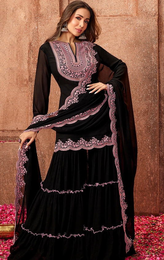 Black Embroidered Sharara Suit with Pink Detailing