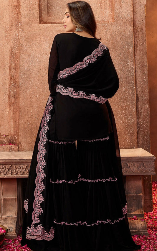 Black Embroidered Sharara Suit with Pink Detailing