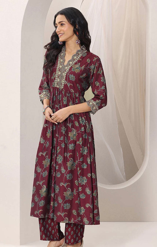 Mahru Maroon Block Print Kurta Set